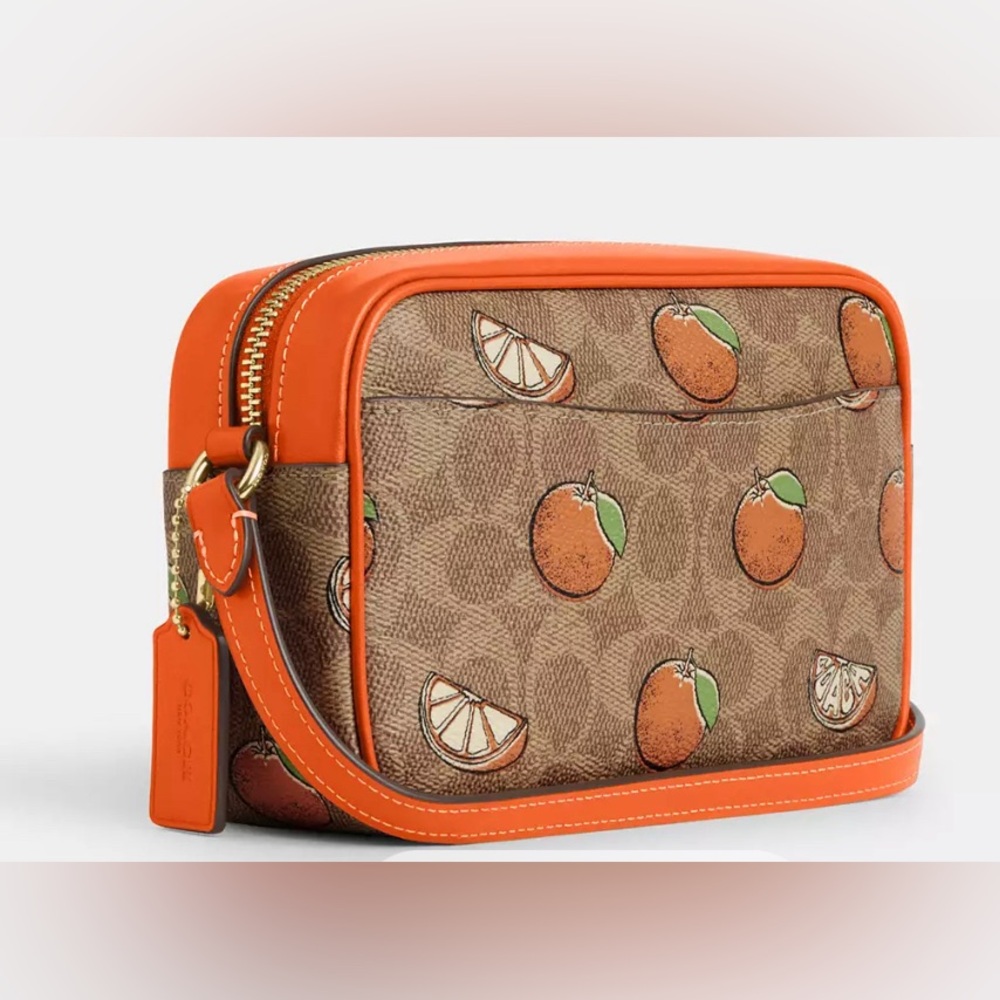 🌸NEW COACH MINI JAMIE CAMERA BAG IN SIGNATURE CANVAS WITH ORANGE PRINT NWT. - Picture 2 of 7